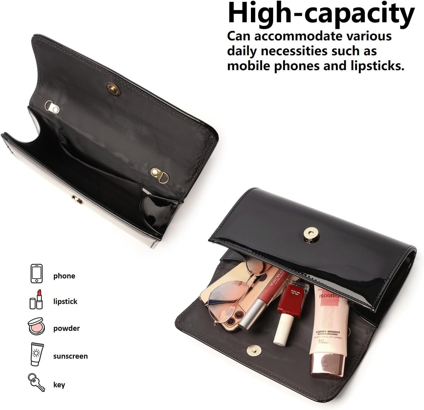 Patent Leather Envelope Clutch for Women Stylish Evening Handbag with Detachable Chain, Perfect for Wedding, Party & Prom - Image 3