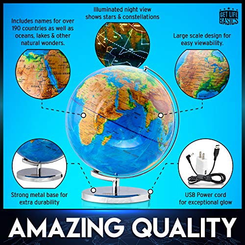 Interactive World Globe for Adults &#8211; Large 13 Inch Globe with Stand &#8211; Earth Globe with Illuminated Constellations Light Up at Night &#8211; Geographic Map for Kids &#8211; Educational Learning Gift &#8211; Compass to navigate it!