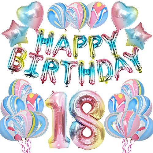 KUNGYO Rainbow 18th Birthday Party Decorations - Girls Birthday Party Supplies Include HAPPY BIRTHDAY Balloon Banner, Giant Number 18 Foil Balloon, Rainbow Star and Heart Balloon, Latex Balloons 28PCS