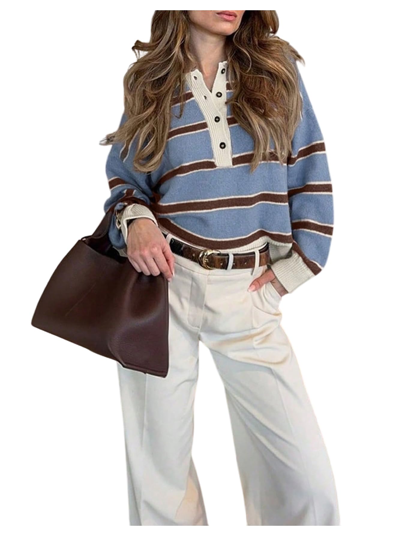 MakeMeChic Womens Striped Rugby Shirt Button Down Long Sleeve Preppy Sweater Knit Winter Pullover