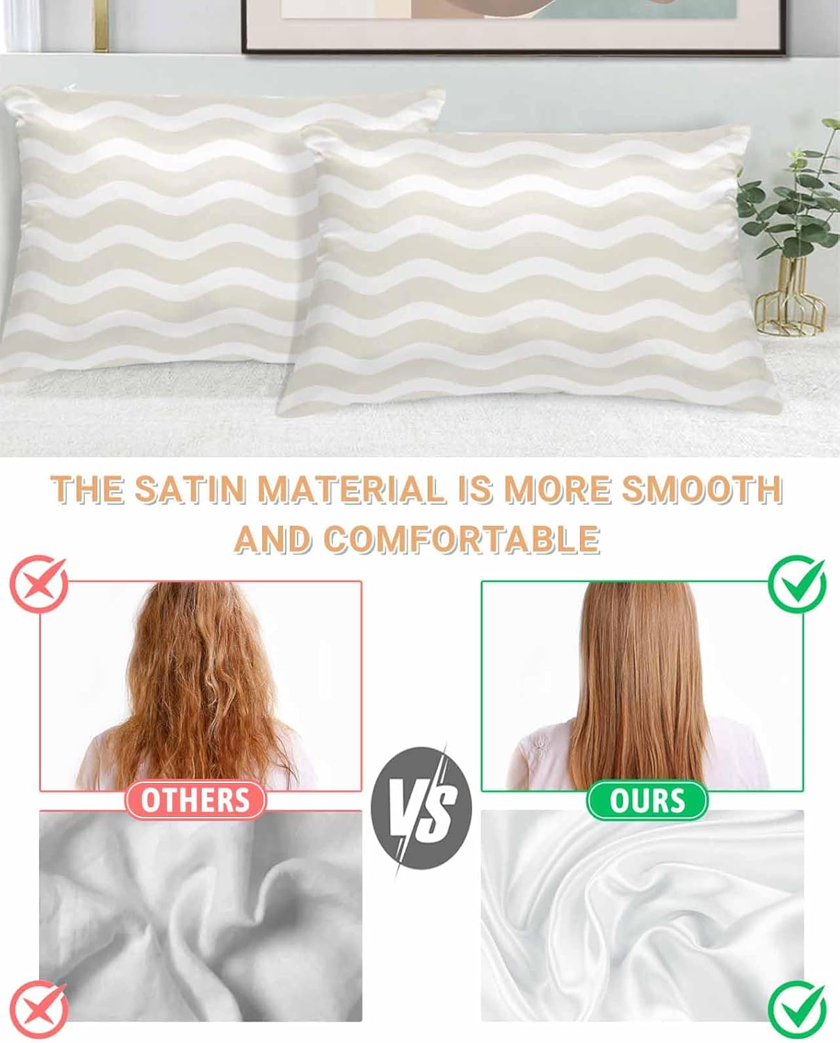 Ocean King Standard Pillow Cases Set of 2, Cream Water Ripple Striped Satin Pillow Case Cover with Smooth Hidden Zipper Closure, Soft Throw Pillow Covers Cases for Couch Sofa Home Decor 20 X 36 Inches