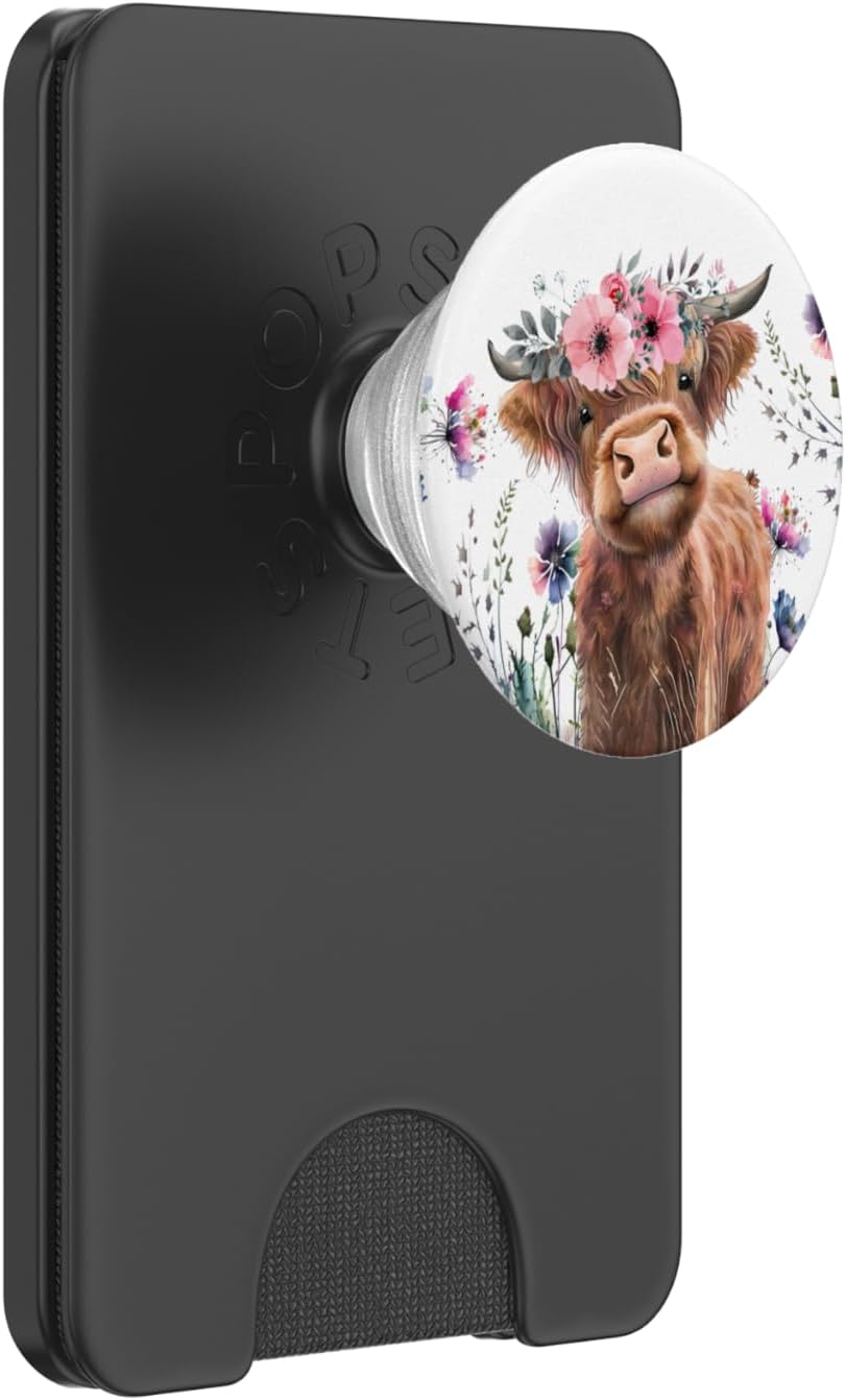 Cute Baby Highland Cow Floral Scottish Cow Watercolor PopSockets PopWallet for MagSafe