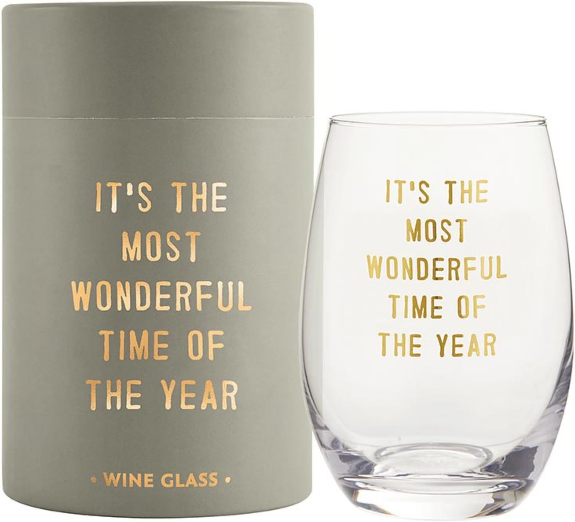 Holiday Stemless Wine Glass with Gold Foil Accent and Gift Box, 17-Ounce, Wonderful Time