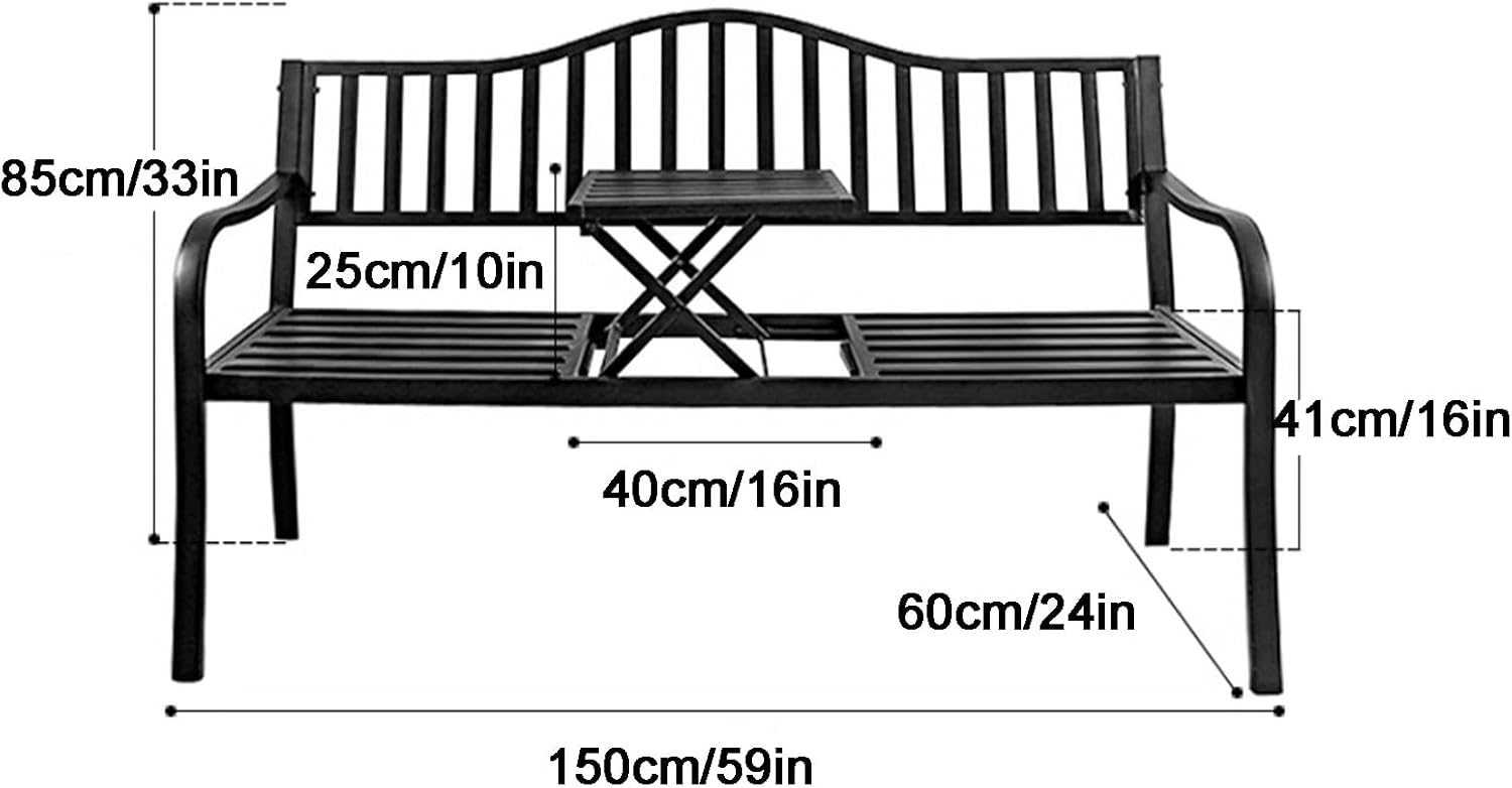 Weatherproof Metal Outdoor Bench with Built-in Table, Stylish Patio Garden Seat for Lawn, Deck & Yard Decor (White) - Durable & Elegant