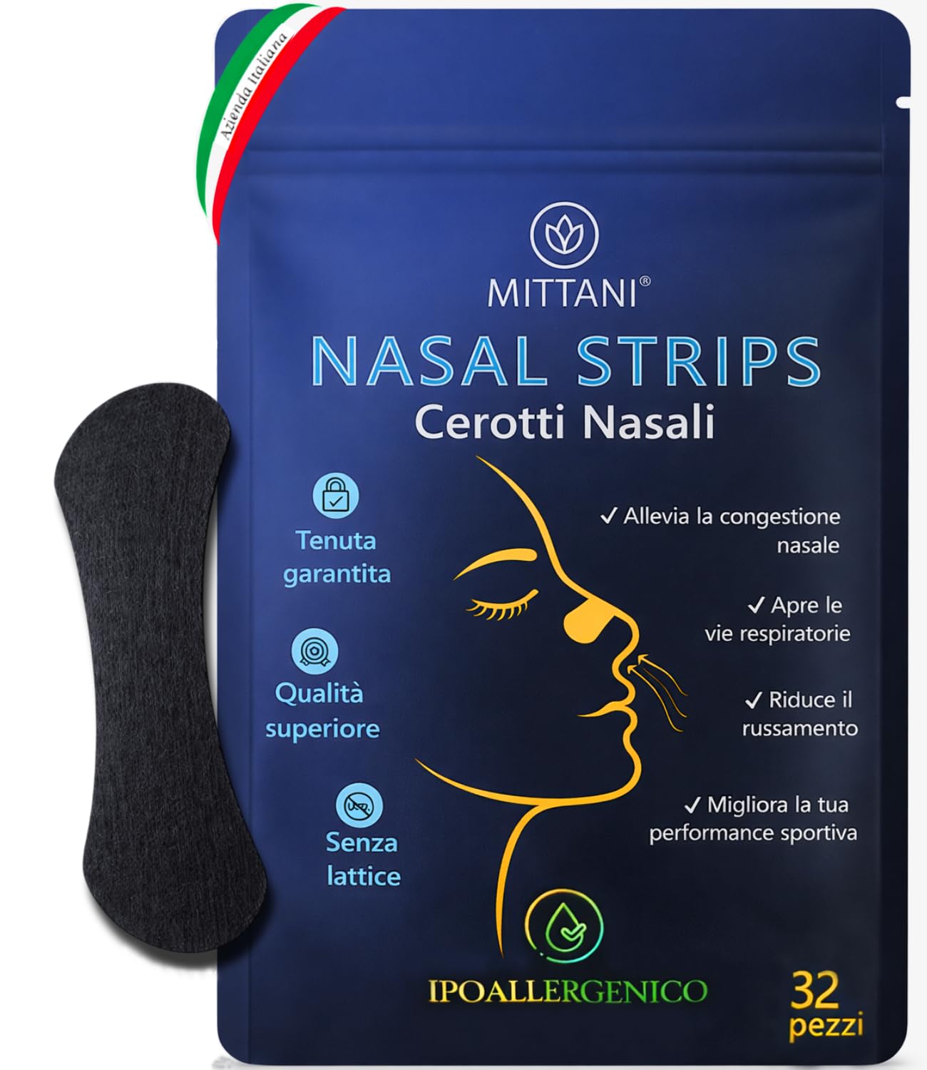 MITTANI® 32 Cerotti Nasali Antirussamento Uomo Donna, Decongestionante, Sport, Apri le Vie Respiratorie per Respirare Meglio dal Naso, Qualità Premium, Rinforzati