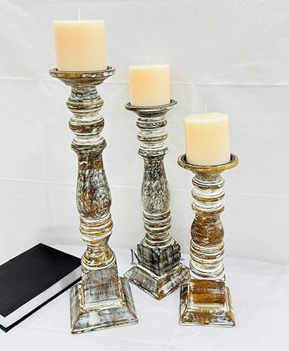 Miniatura 4 de Juego de 3 portavelas de pilar de granja envejecido, pedestal decorativo de madera rústica, centros de mesa para chimenea, manto, café, bar, mesa de