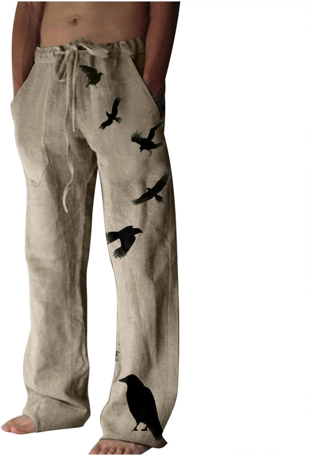 Men's Ethnic Style Printed Sweatpants Linen Vintage Elastic Waist Lace up Casual Pants Loose Fit Hippie Boho Trousers
