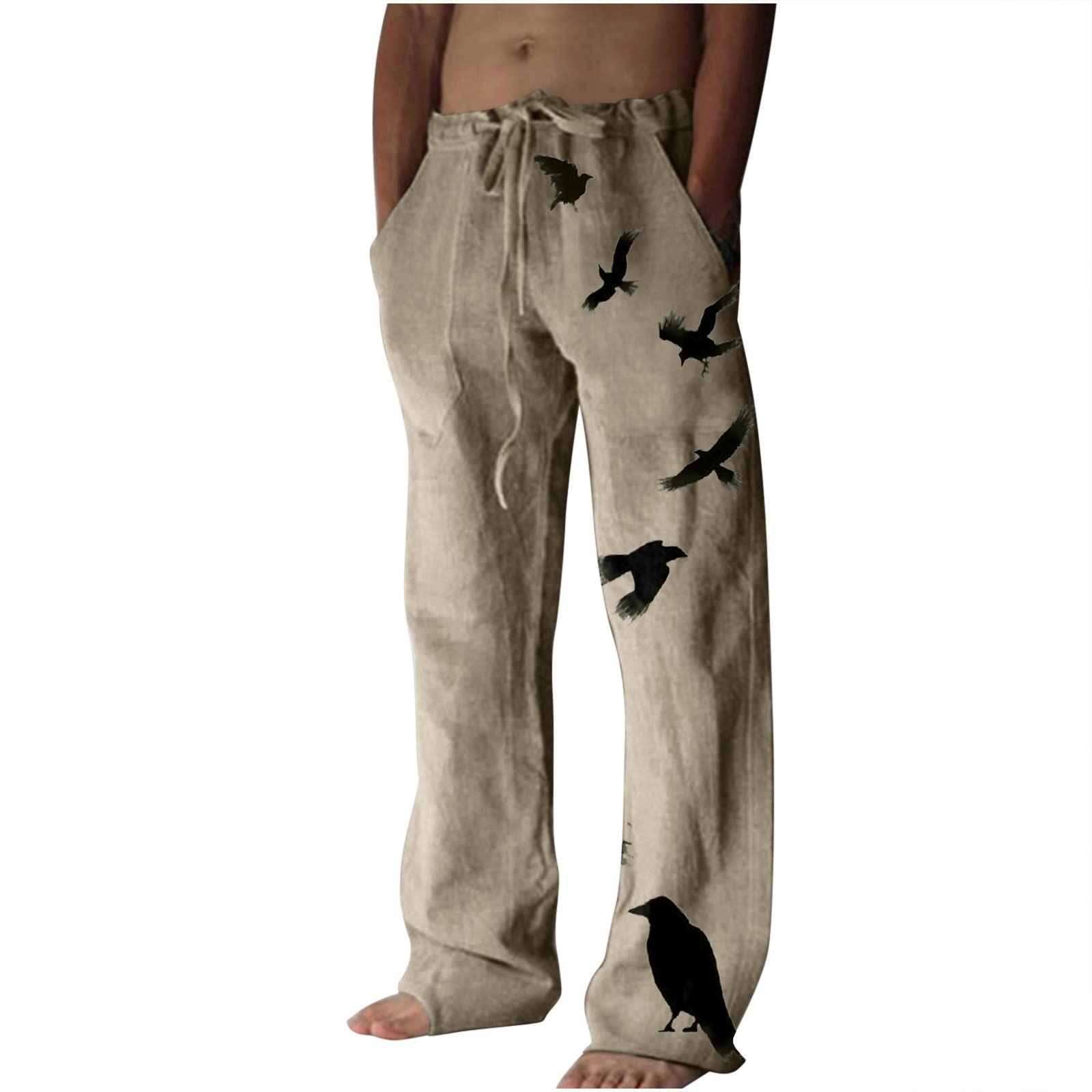 Men's Ethnic Style Printed Sweatpants Linen Vintage Elastic Waist Lace up Casual Pants Loose Fit Hippie Boho Trousers