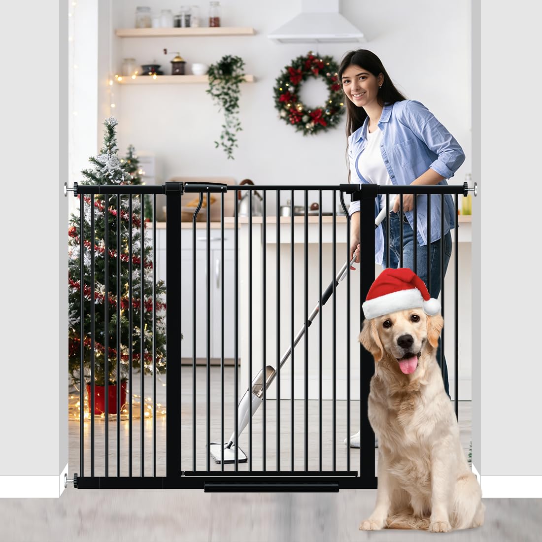 THEYFIRST 41" Extra Tall Baby Gate With Door, 40.6-54.7 In Wide Dog Gates for Doorways Stairs, Walk Through Large Pet Gate Indoor, Pressure Mounted