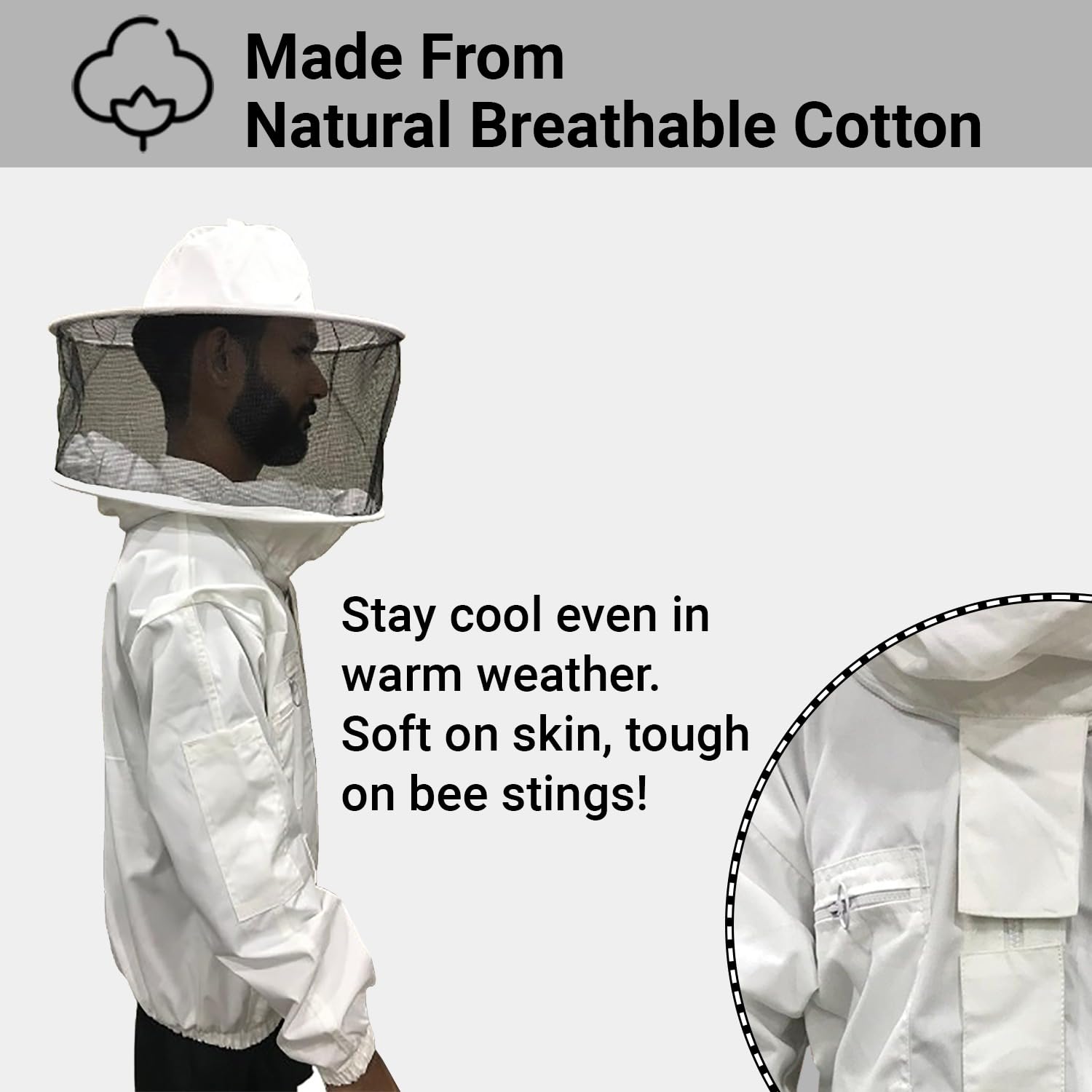 Tuta Apicoltore cotone Professionale Abito Apicoltura con rotondo Cappello ampia tasca gli apicoltori api Tuta Naturale traspirante (Tuta da apicoltore Bianca con cappello rotondo, L)