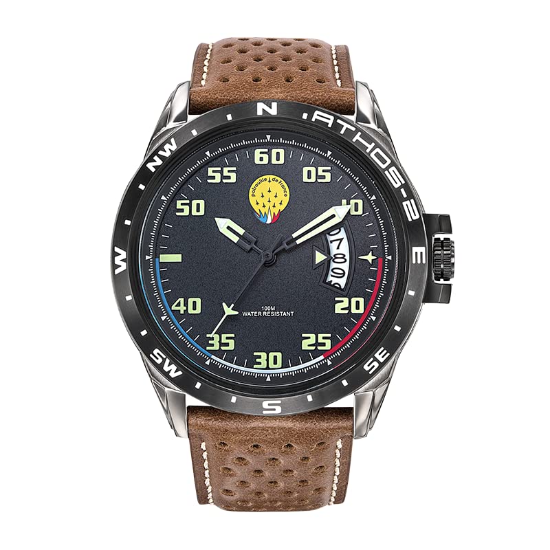 Patrouille de France Montre Aviateur Athos 2 Intérieur Cuir Perforé Surpiquée Marron