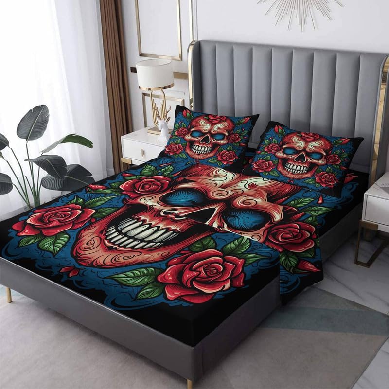 Skull Sheets Queen Size - Trippy Bed Sheets, Soft Microfiber & Deep Pocket & Wrinkle Free Patterned Bedding Sheets & Pillowcases, 4 Piece (1 Fitted Sheet, 1 Flat Sheet, 2 Pillow Cases)