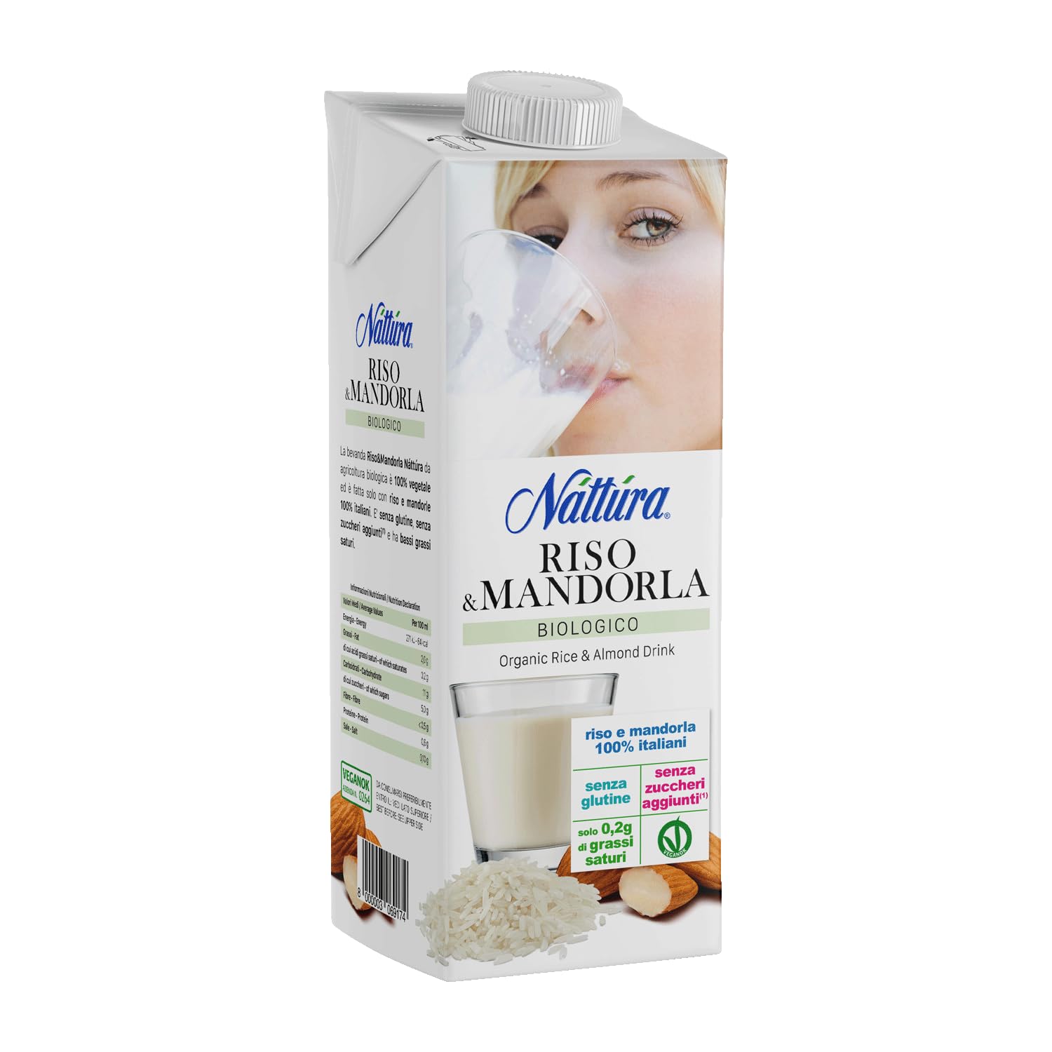 NATTURA Bevanda di Riso e Mandorla Bio, Senza Zuccheri, Alta Digeribilità, Naturalmente Privo di Lattosio, Senza Glutine, di Bassi Grassi Saturi, Ingredienti 100% Italiani, Vegan, 1 L