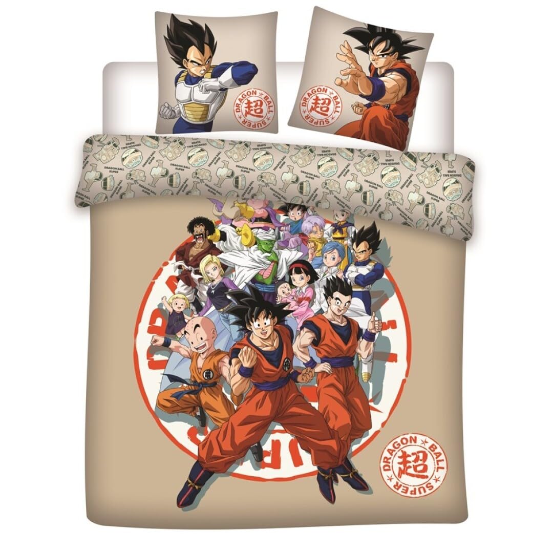 Aymax Parure per Letto Matrimoniale Dragon Ball Super, 2 Persone, Copripiumino Reversibile 240 x 220 cm + 2 Federe 65 x 65 cm, Beige, Policotone