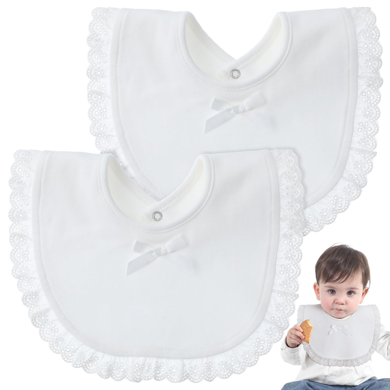 MUELODSIC 2pcs Plain White Bibs Baby Bibs with Princess Lace Design Lightweight Cotton for Newborns Keeps Clothes Dry and Clean for Dining and Drooling