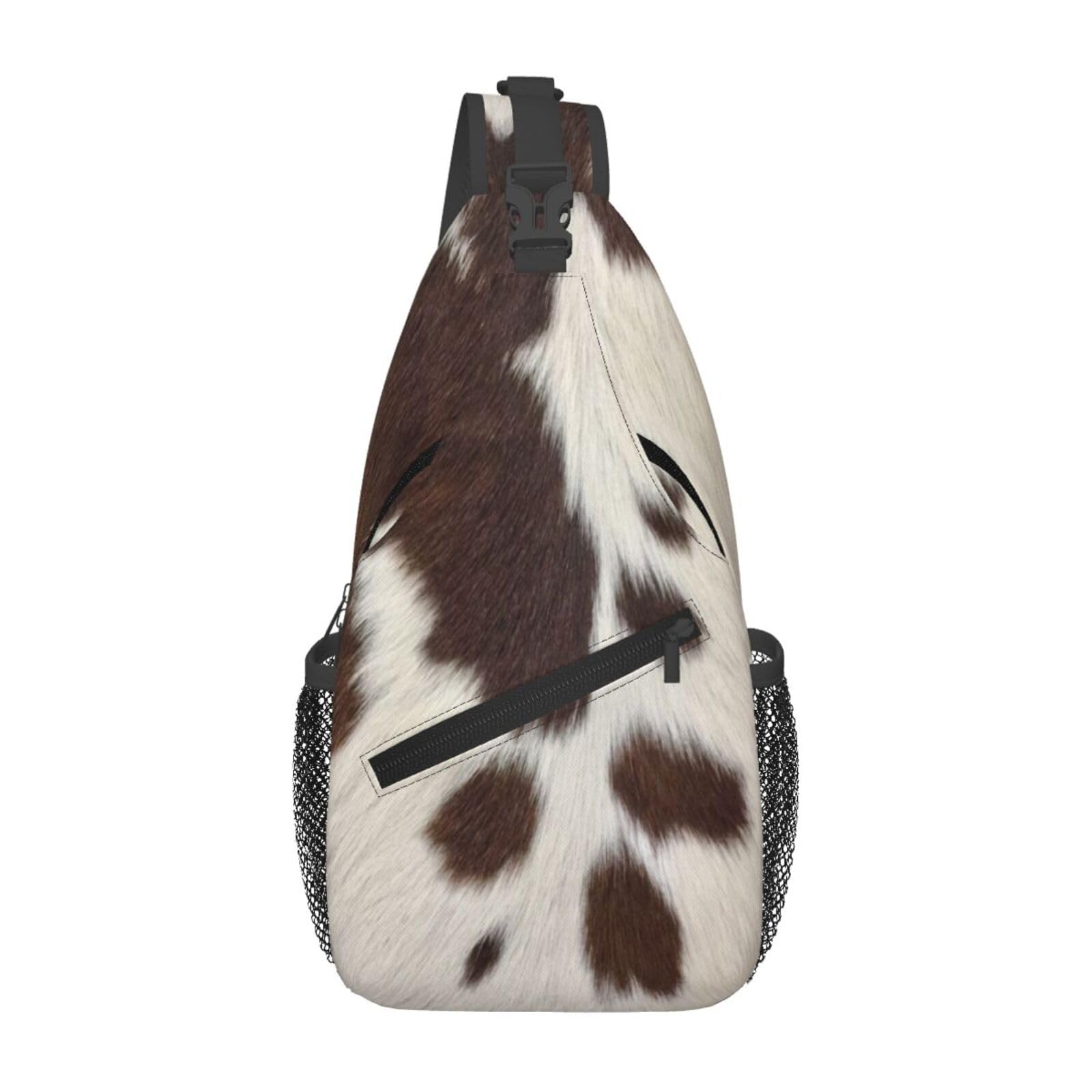 QISENTIS Cow Print Sling Bag for Women Crossbody Bag Brown White Cow Fur Texture Animal Skin Print Sling Backpack for Men Cute Farmhouse Cowhide