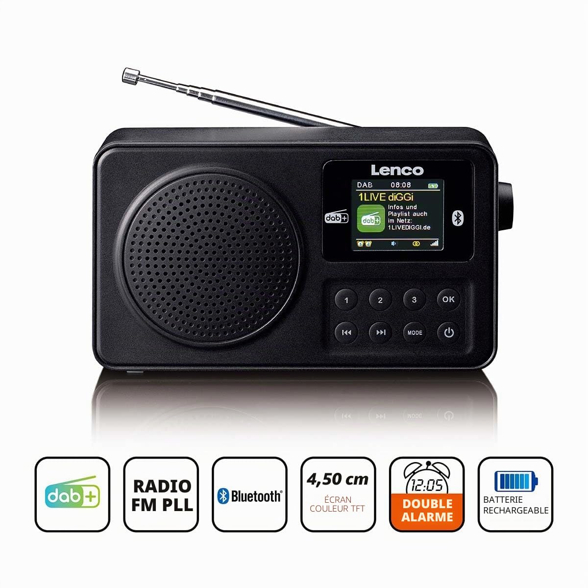 Lenco PDR-033BK Dab+ Radio Portable – Bluetooth 5.3, FM, Batterie, écran Couleur, réveil, minuterie de Sommeil, 3 Touches Favorites, Prise AUX et Casque, USB-C, jusqu'à 10 h d'autonomie, Noire