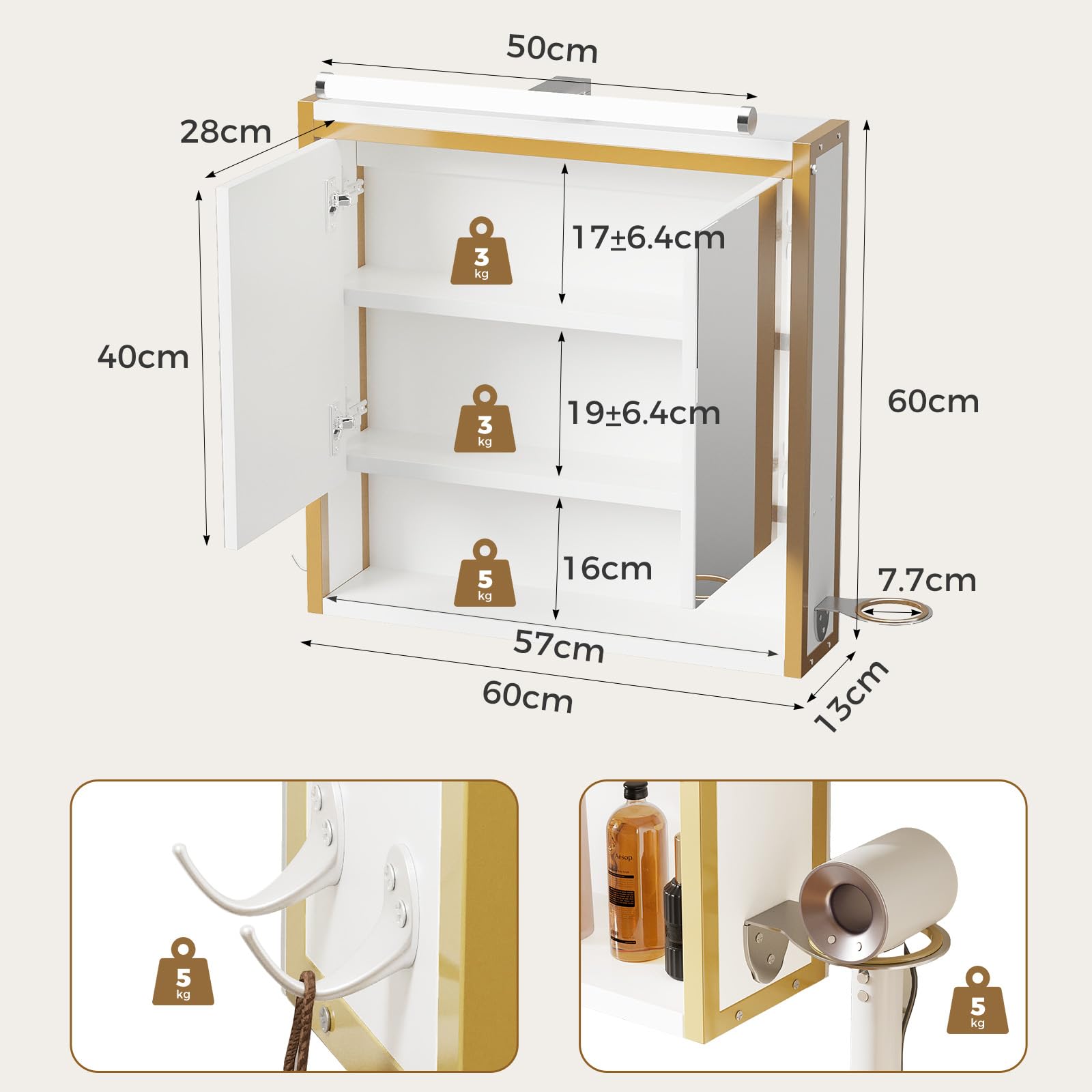 ELUCHANG Specchio da Bagno con Contenitore e Luci, Pensile da Bagno con 2 Ante, 1 Scomparto Aperto e 2 Vani Chiusi, Ripiano Interno Regolabile,Bianco+Dorata, 60x13x60cm