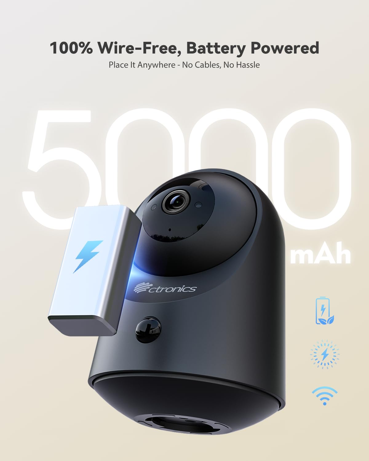 Ctronics 2K 3MP Telecamera Interno Senza Fili a Batteria, Nero | Visione Notturna IR 20m, PC/App, 128GB/Cloud, Rilevamento PIR, Audio Bidirezionale, 360° PTZ, WiFi 2.4GHz