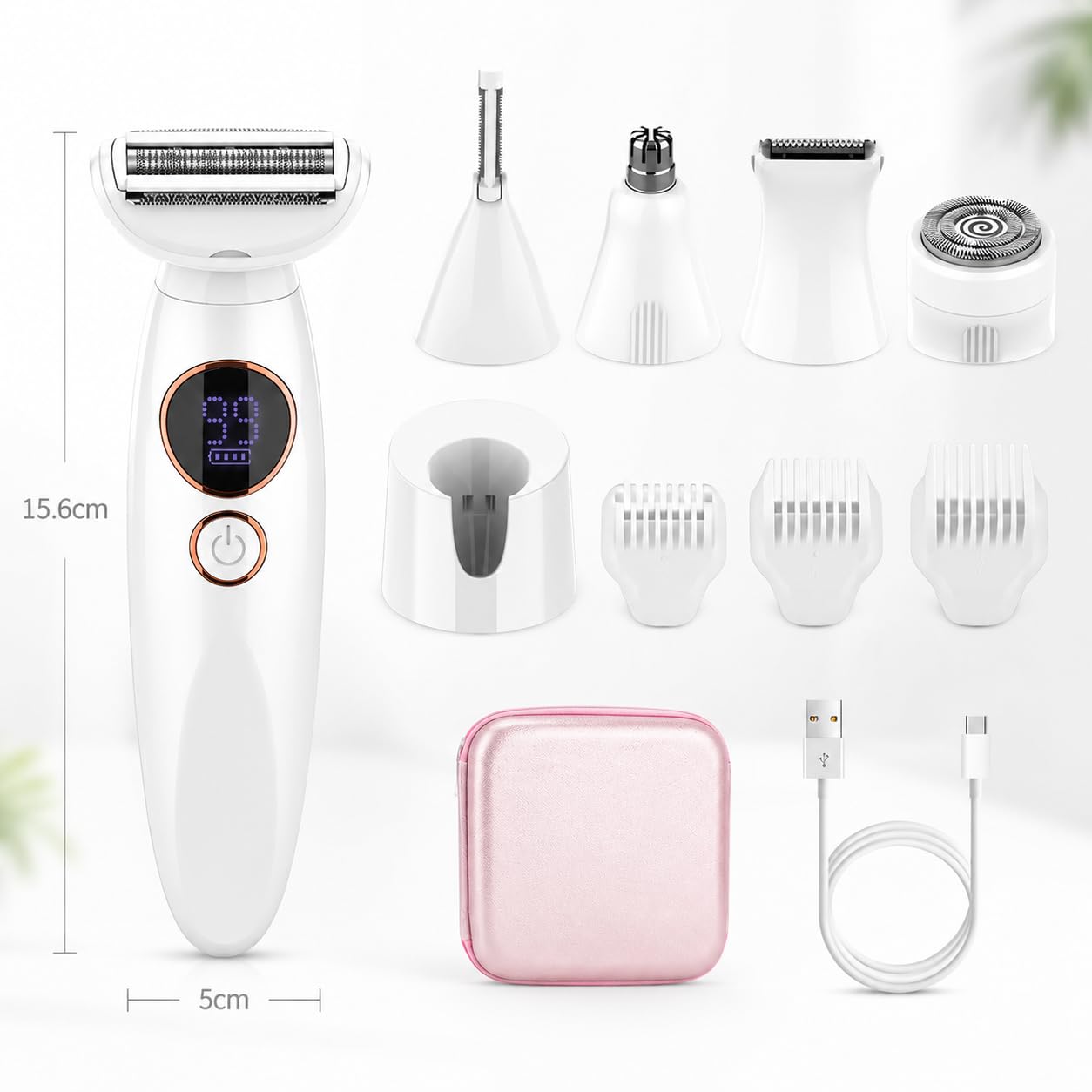 Elios Rasoir Femme 5 en 1, Épilateur Électrique avec Affichage LED, Chargement USB, Étanche Bikini Aisselles Jambes Bleu