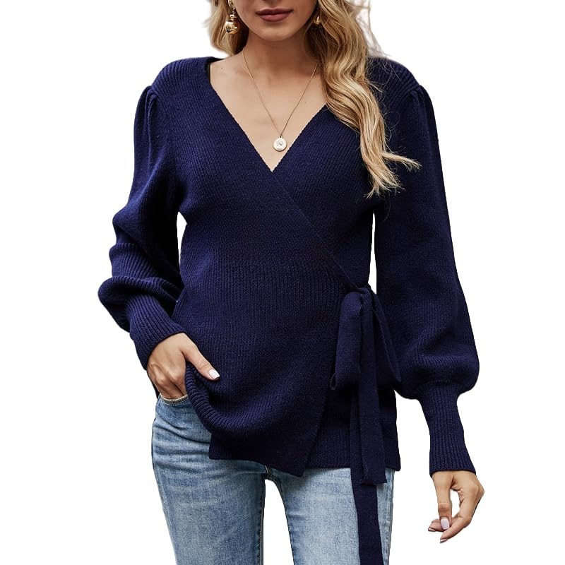 LIUYUYOUGO Chaqueta De Punto Mujer Cárdigan Cruzado con Lazo para Mujer Elegante Suéter con Cuello En V Abrigo con Mangas Abullonadas Jersey De Punto Acanalado Moda Parte Delantera Abierta Suéter
