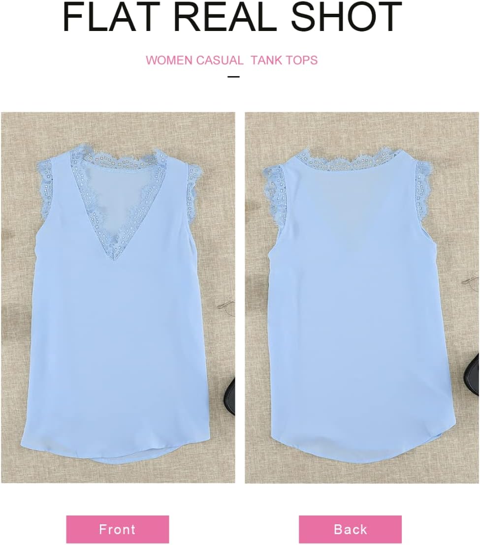 BLENCOT Womens Lace Trim Tank Tops Summer Sleeveless V Neck Fashion Blouse Business Casual Outfits Vest Shirts Sky Blue Large - Image 5