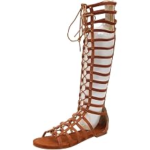 ANUFER Women Knee High Gladiator Sandals Boots Flat Lace Up Zip Roman Strappy Sandals