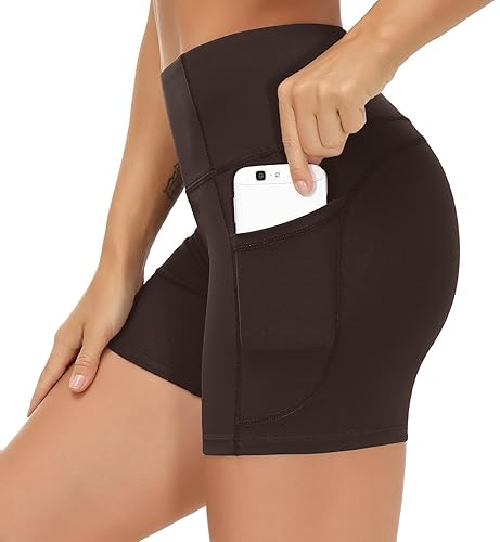THE GYM PEOPLE Women's High Waist Workout Shorts Breathable Dolphin Split Elastic Lounge Yoga Shorts - Large - Brown