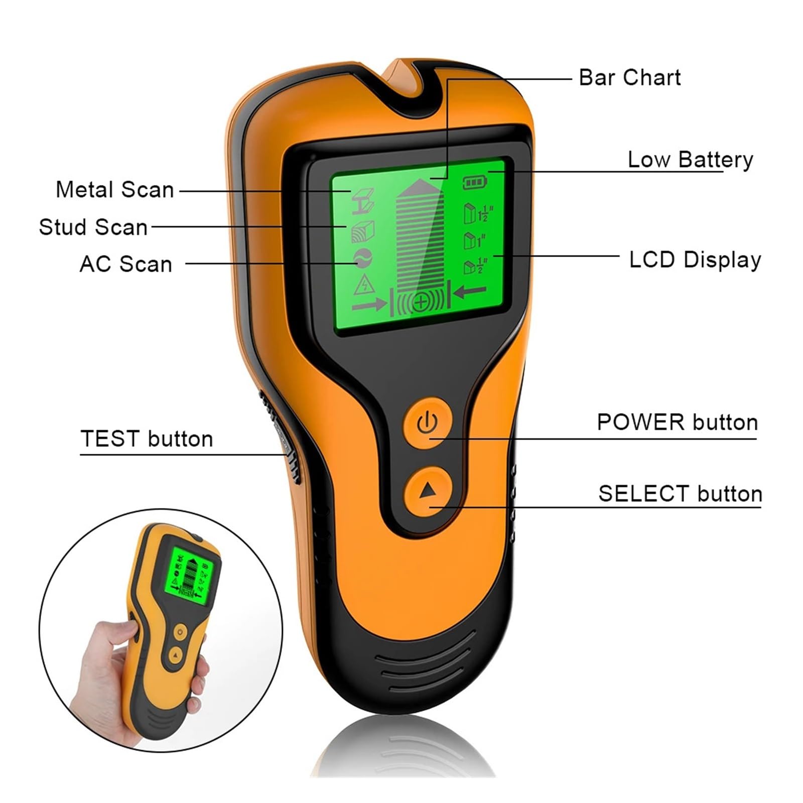 Tester Ścienny Wielofunkcyjny Skaner Do Metalu 3 W 1 Kołek AC Przewody Pod Napięciem Wykrywacz Kabli Wyszukiwarka Skrzynek Elektrycznych Precyzyjne Wykrywanie(Orange)