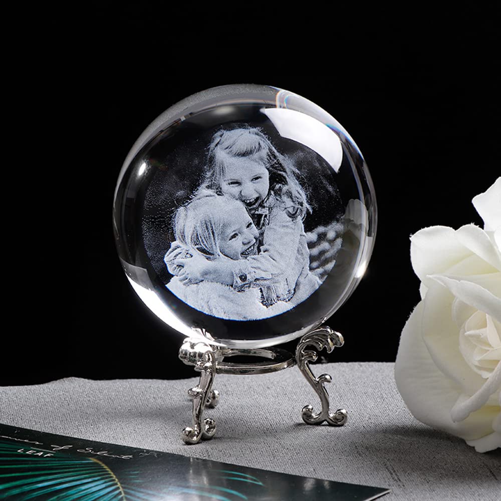 xingfa Custom Laser Engraved 2D Photo Crystal,Personalized Crystal Photo Ball Custom Image,Customized Globe Home Decoration Ball (with Silver Base,8 cm)
