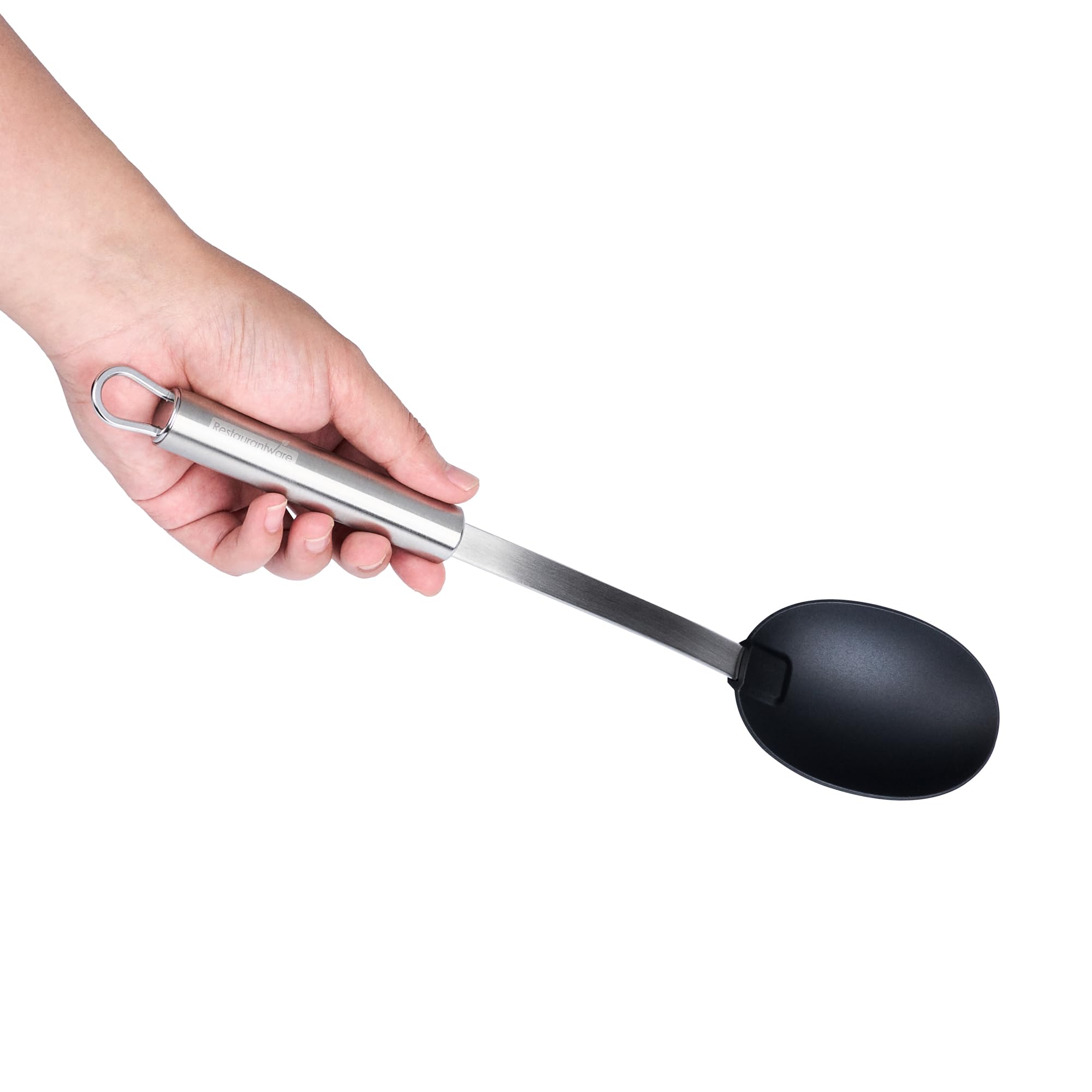 Restaurantware - Cuchara estándar alemana, 1 cuchara de servir sólida de alta resistencia, mango ergonómico de acero inoxidable, lavavajillas, cuchara de servir de nailon negro, para eventos de