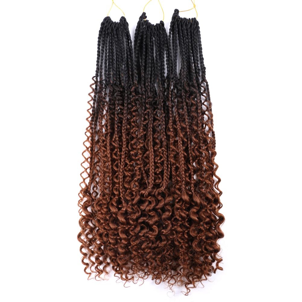 22 Inch Ombre Boho Box Braids Pre Looped Goddess Crochet Braids with Curly Ends 3 Packs Bohemian Braiding Hair Extensions for Women (Black-Brown)