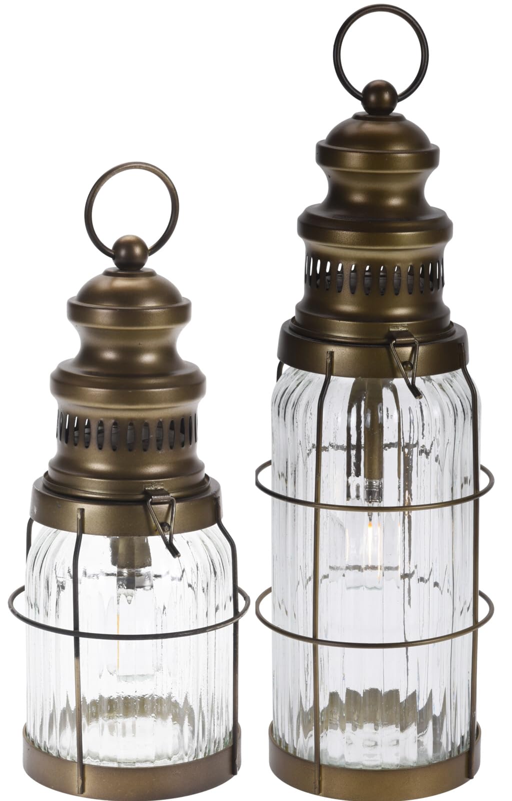 Set of 2 LED Vintage Lanterns – Battery Operated Rustic Lantern Lights with Ribbed Glass & Antique Bronze Metal – Indoor Outdoor Decorative Lighting for Home, Garden, Patio, Wedding or Christmas