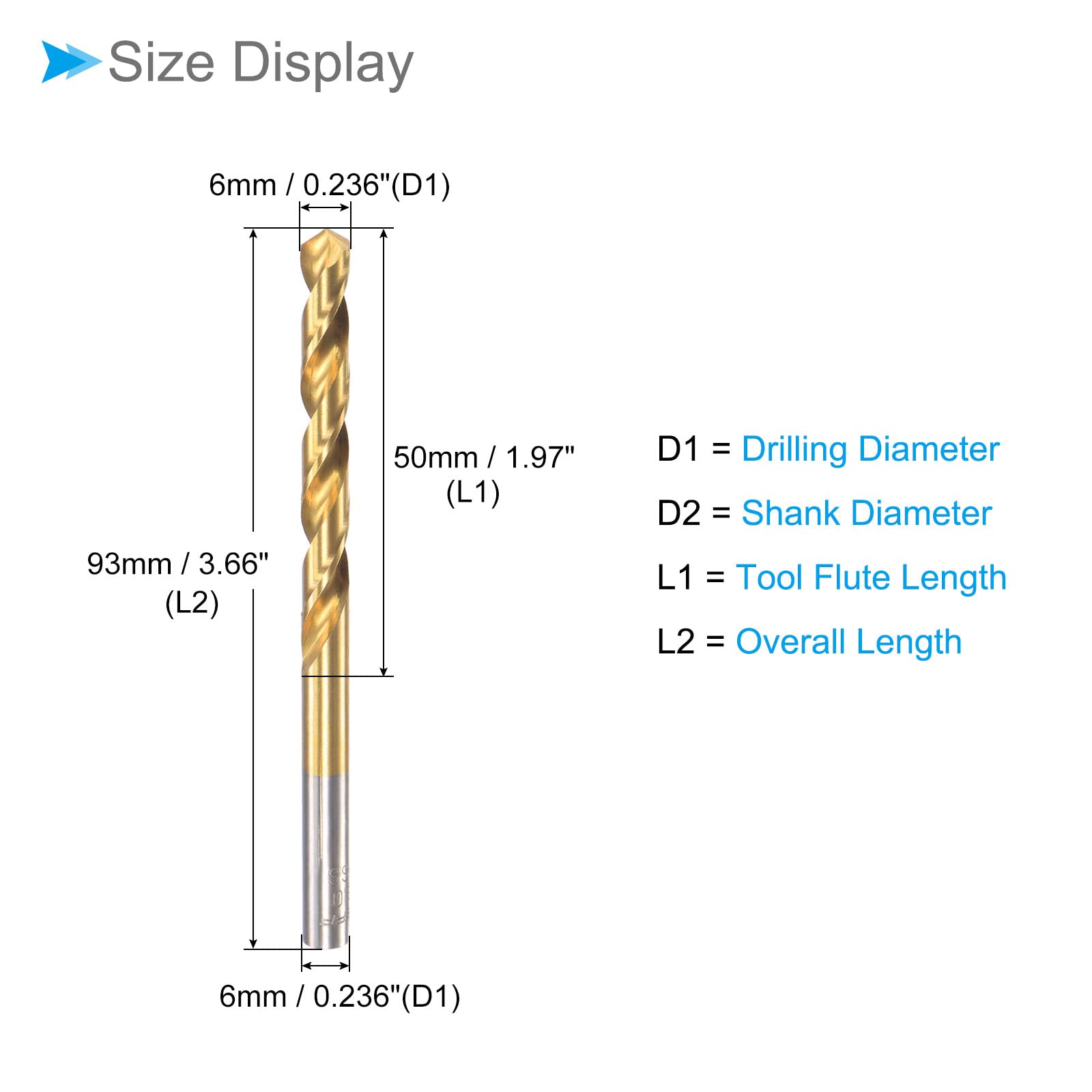 CoCud Twist Drill Bits, 6mm Drilling Diameter, Titanium Coated High Speed Steel 6542 Straight Round Shank - Image 2
