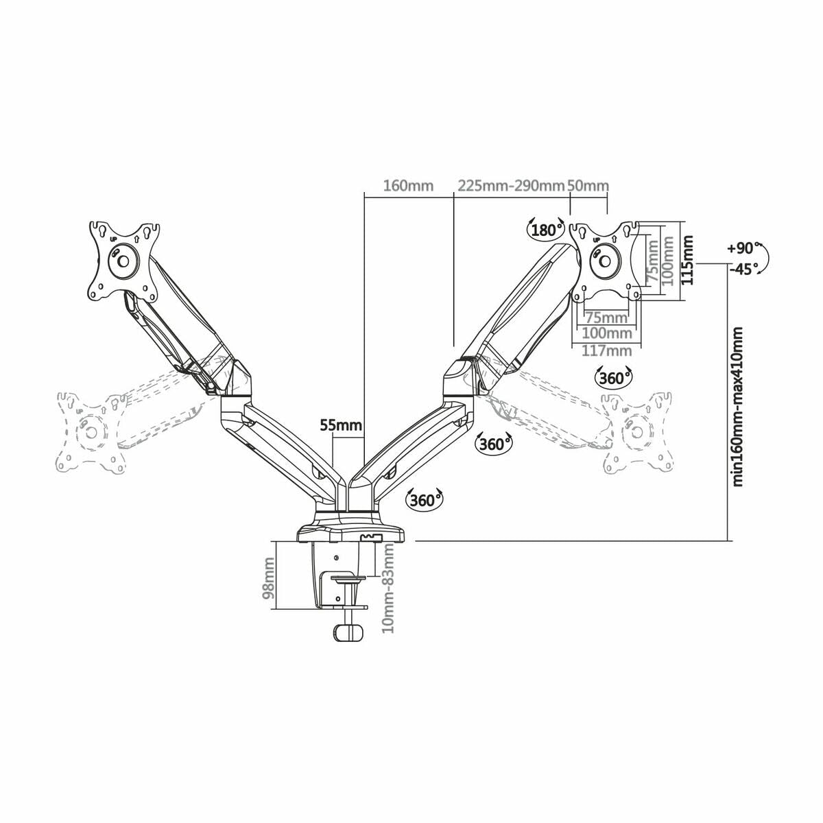 AISENS DT27TSR-045 - Soporte de Mesa para Monitor DE 13"-27", Color Negro