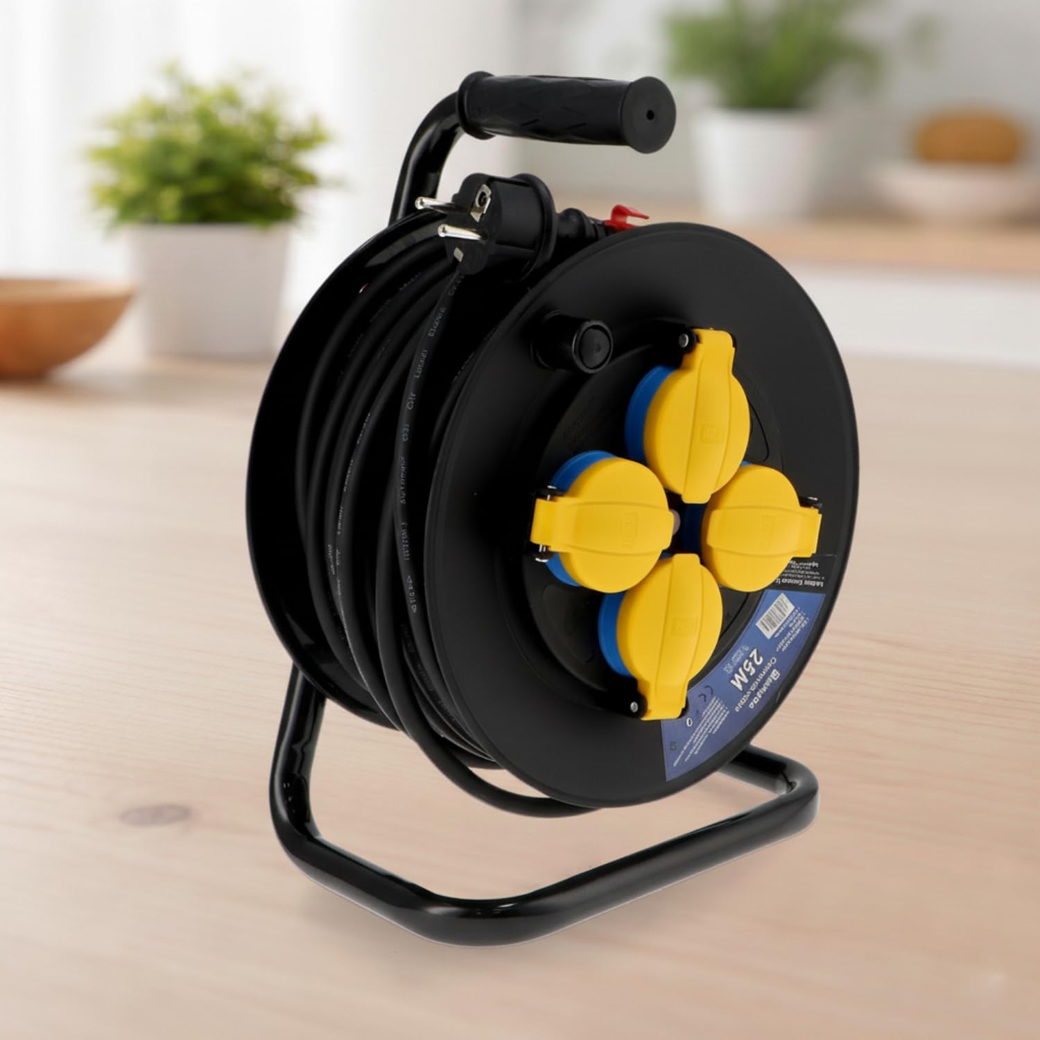 M mimotec - Avvolgicavo da Esterno 25m IP44 4 Prese 3200W 16A, Cavo H05RR-F 3G1,5 mm², Protezione Bambini, Ideale per Giardino, Cantiere e Officina
