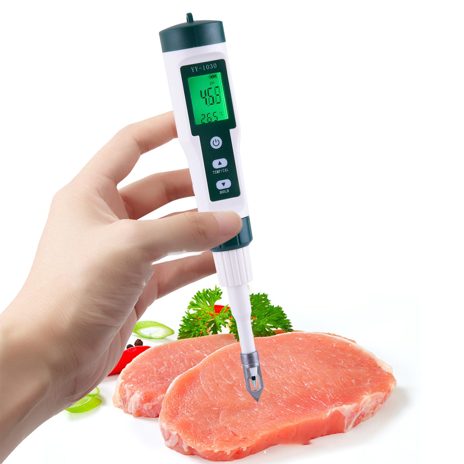 Medidor de PH Para Alimentos – ABS 23x4,2x4,2 Cm | Probador Portátil De | Alta Precisión Con Sensor | Instrumento De Medición De Agua, Queso, Madre Y Carne, Incluye Compensación De Temperatura Y