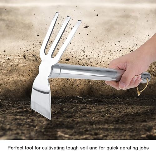 Miniatura 5 de Azada y rastrillo 2 en 1 de doble propósito de acero, mango de goma, rastrillo de garra corta, herramienta de jardín al aire libre para aflojar el