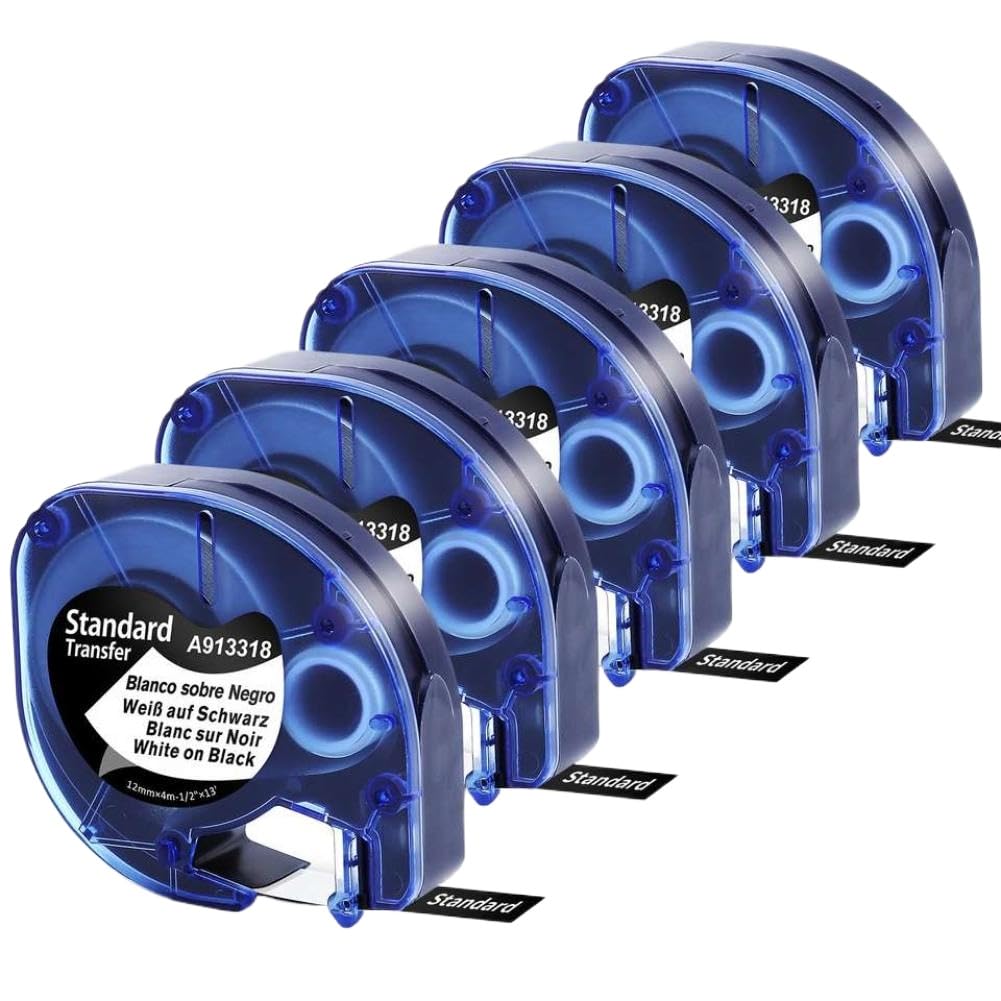 Nastro per etichette bianco su nero, confezione da 5 pezzi, 12 mm x 4 m, compatibile con l'etichettatrice LT-100H, materiali di ricambio per stampante, plastica nera