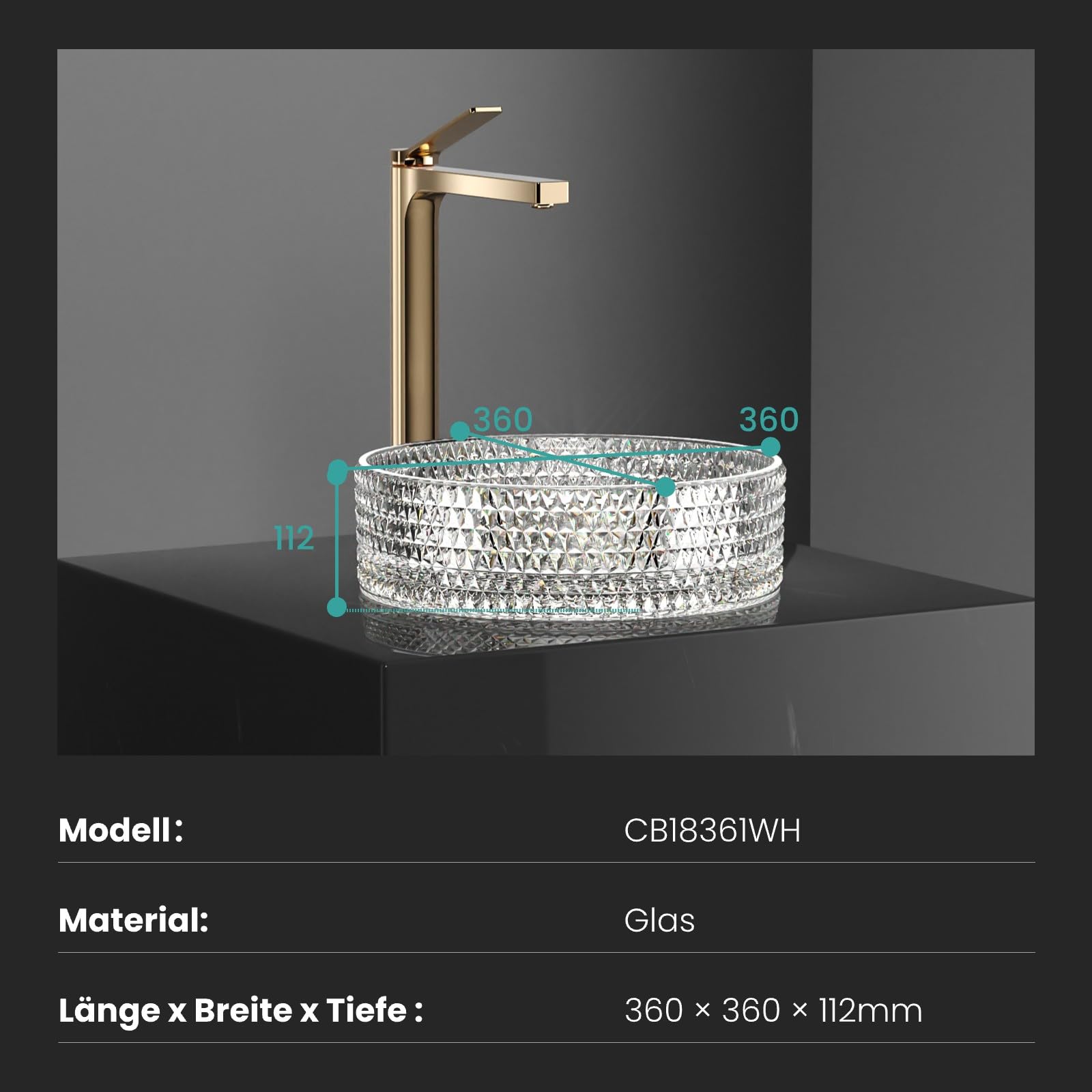 EMKE Lavabo de cristal redondo, 360 x 360 x 112 mm, cristal de plomo templado, sin agujero para grifo, transparente