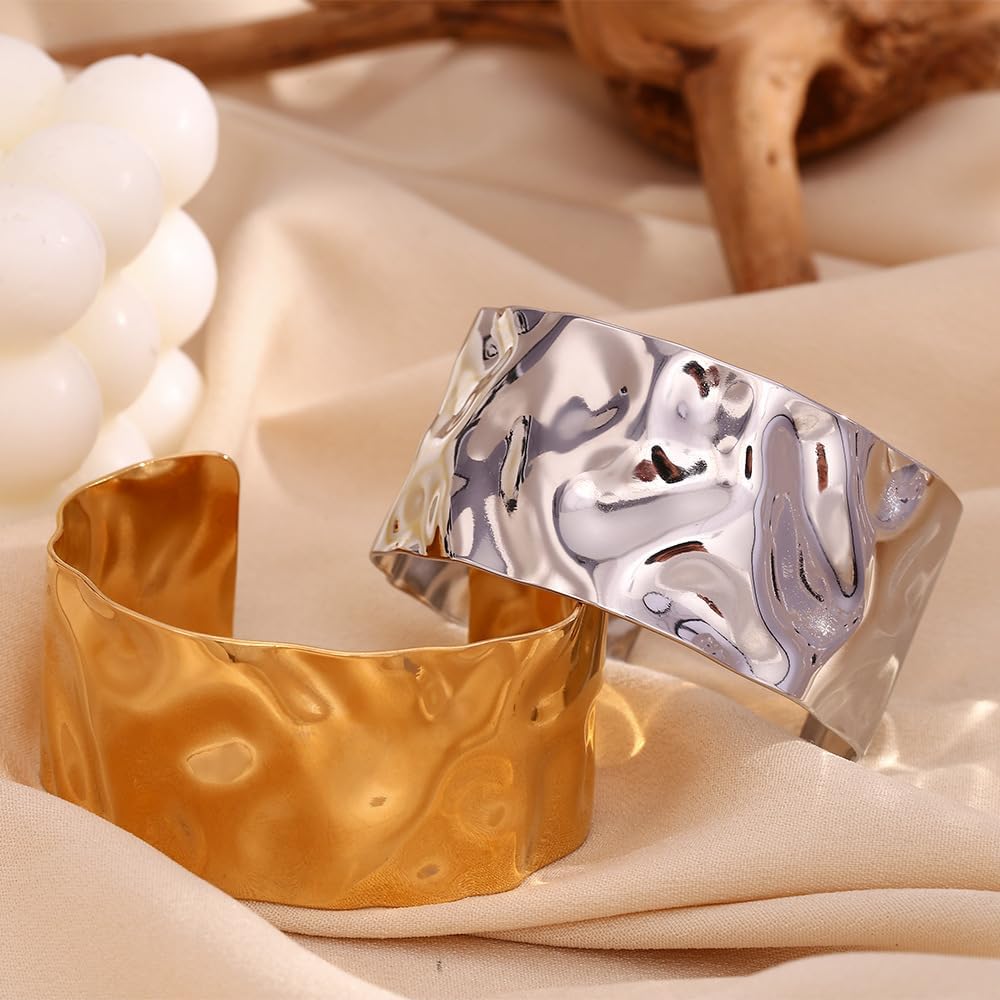 3PCS Gold Chunky Cuff Bracelets for Women Irregular Minimalist Statement Bangle Bracelets Set Open Wide Bangle Arm Cuff Daily Outfits Jewelry - Image 6