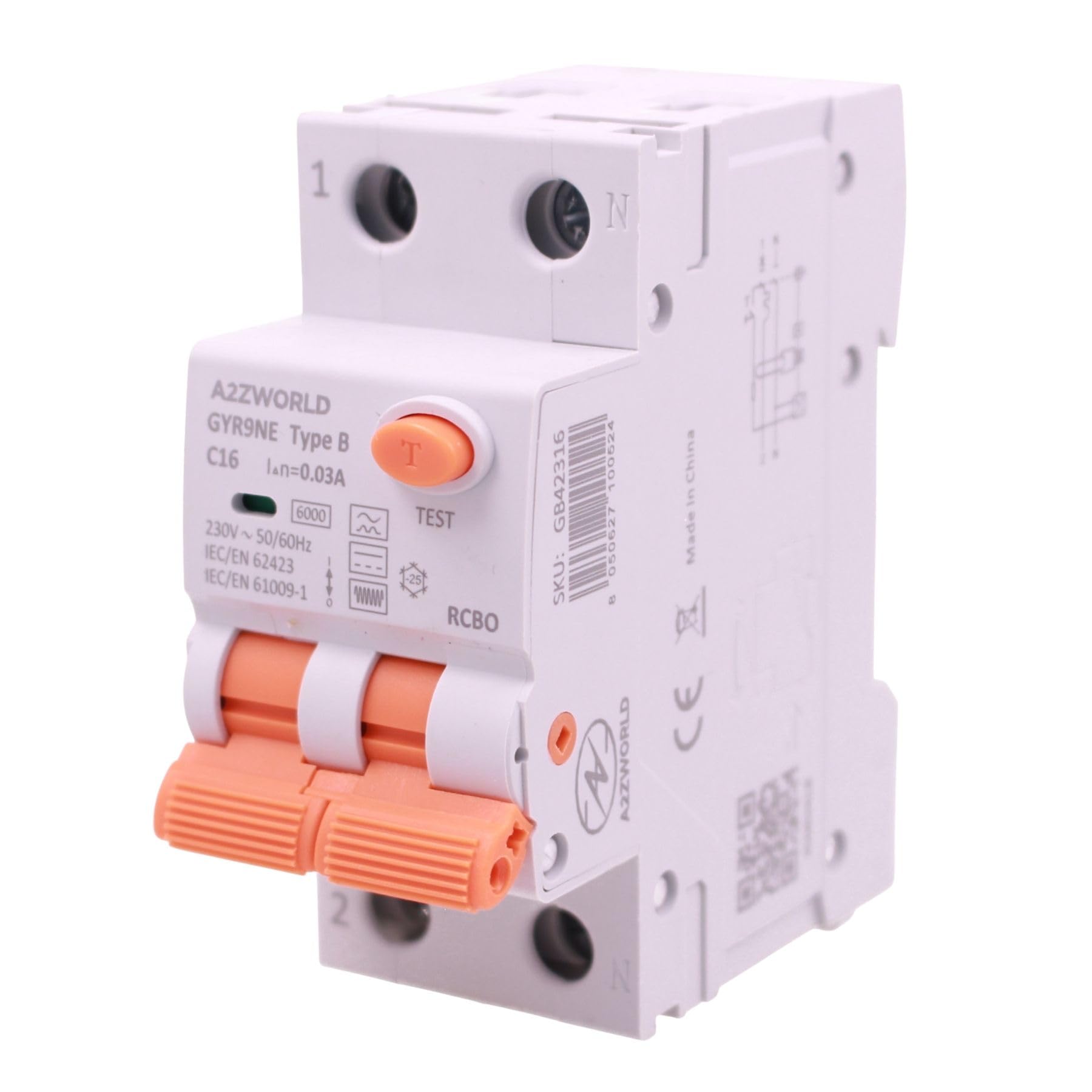Interruttore Magnetotermico Differenziale Tipo B C16A, RCBO Classe B Curva C 1P+N 6kA 30mA 0.03A, 2 Moduli DIN, Protezione Completo In Uno Dispositivo Compatto