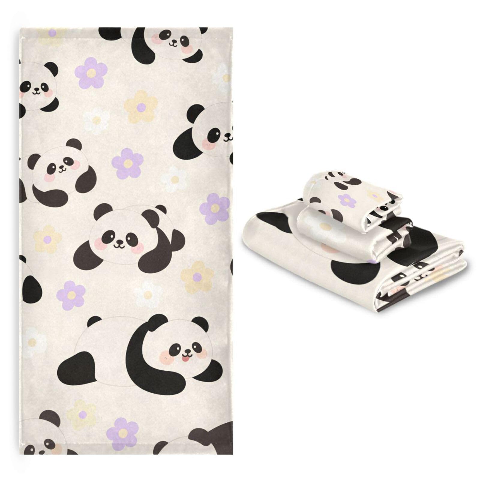 Set di 3 asciugamani per la pulizia del viso a forma di panda bianco con cartoni animati, 1 asciugamano da bagno, 1 asciugamano per le mani, 1 panno per la casa, cucina, hotel, palestra, nuoto, spa