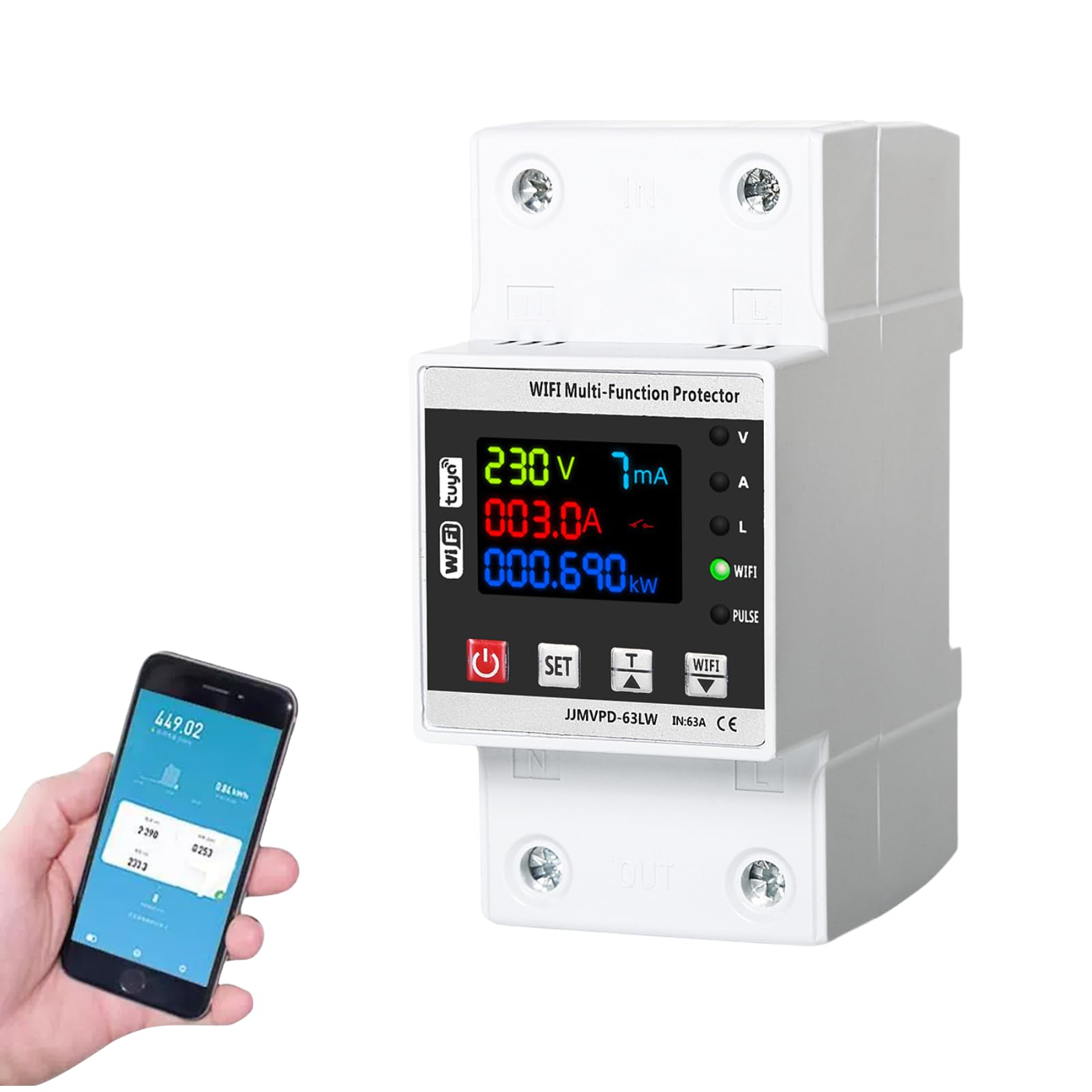DEWIN Contatore Energia Elettrica WiFi,63A 220V Protettore di Sovratensione e Sottotensione Misuratore Energia Elettrica WiFi Scaricatore di Sovratensione 220V