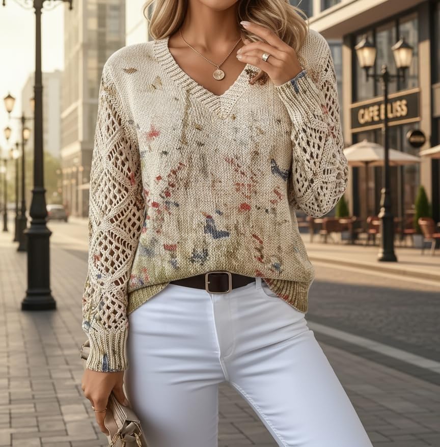 Women's Spring Boho Floral V Neck Knit Sweater Crochet Cutout Hollow Cable Long Sleeve Winter Pullover Jumper Top - Image 2