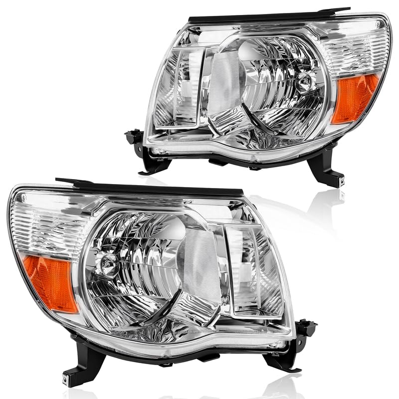 DWVO Headlight Assembly Compatible with 2005 2006 2007 2008 2009 2010 2011 Tacoma Pickup Truck OE Style Replacement Chrome Housing with Amber Reflector