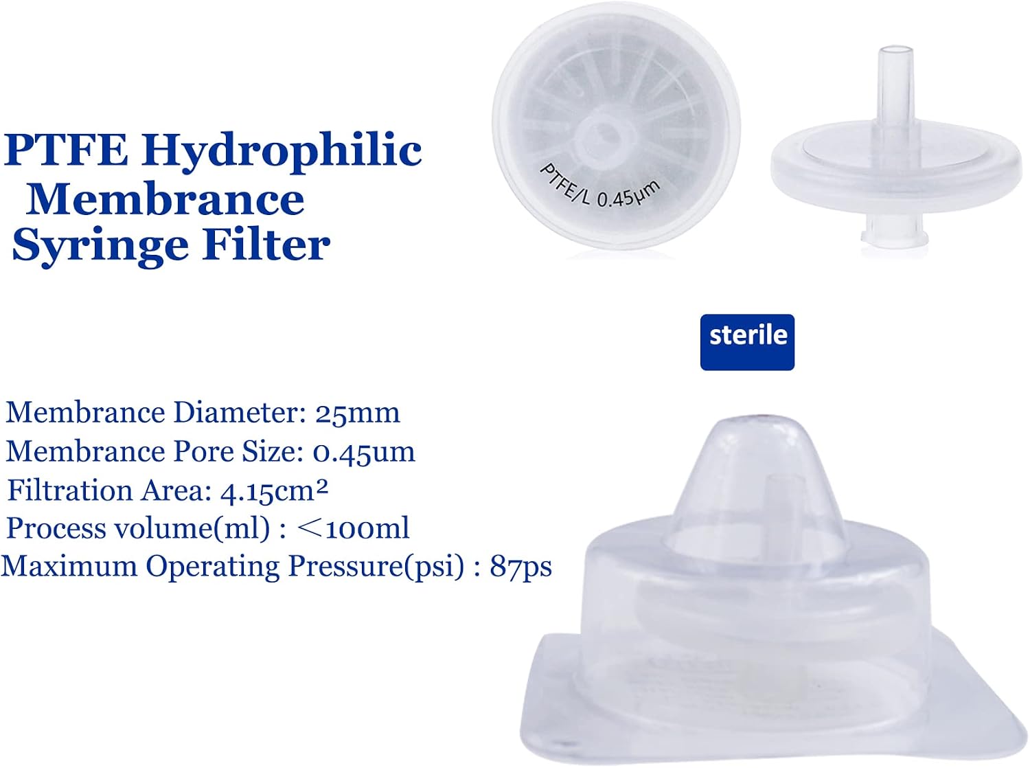 Sterile Syringe Filter PTFE Hydrophilic Filtration 0.45 um Pore Size, 25 mm Membrane Diameter Sterile PTFE Membrane Individually Packed 20/pk by Labfil