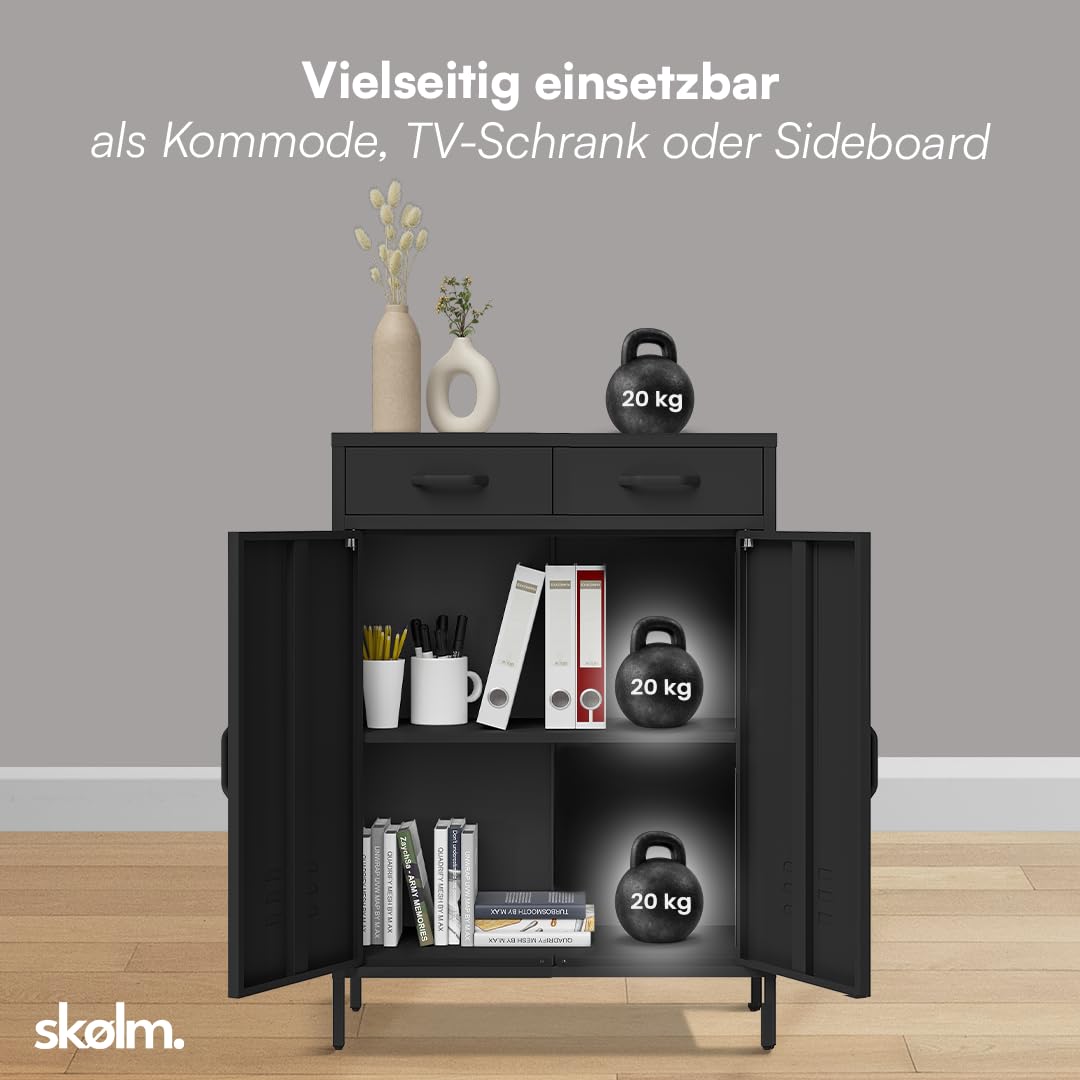 skølm Atria Metall Kommode – Sideboard in Schwarz – Metallschrank mit 2 Fächern & 2 Schubladen – Mehrzweckschrank – Industrial Highboard – Aufbewahrungsschrank/Flurschrank – Flexible Einlegeböden