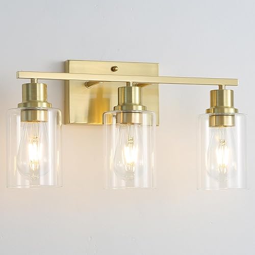 Lámparas de pared modernas de 3 luces doradas para tocador de baño, luces de pared de latón cepillado con pantallas de vidrio transparente,