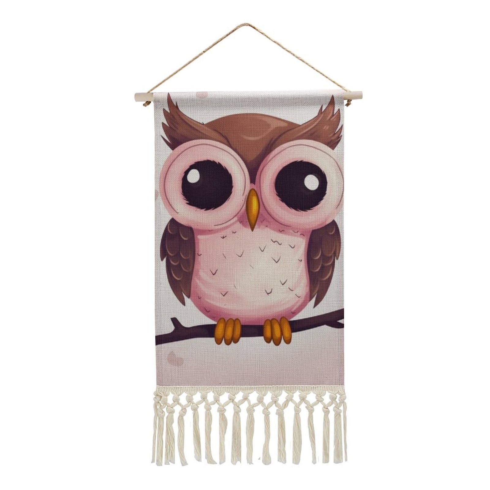 BTCOWZRV Cotton And Linen Hanging Poster with Tassels, Cute Owl Wall Hanging Tapestry Vintage Wall Art Painting Modern Artwork Decoration for Home Decor Ready to Hang 10x19.6 in